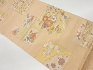 色紙に草花・亀甲・ヱ霞模様織出し袋帯